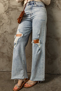 Straight Leg Jeans | Sky Blue Distressed Frayed Hem Holed