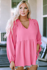 Pink Frilled V Neck Puff Sleeve Babydoll Blouse | Tops/Blouses & Shirts