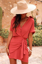 Load image into Gallery viewer, Tomato Red Collared Buttoned Neckline Pleated Wrapped Mini Dress
