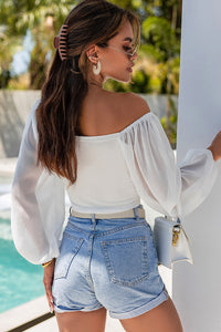 Womens Crop Top | White Drawstring Front Sheer Puff Sleeve Crop Top | Tops/Crop Tops