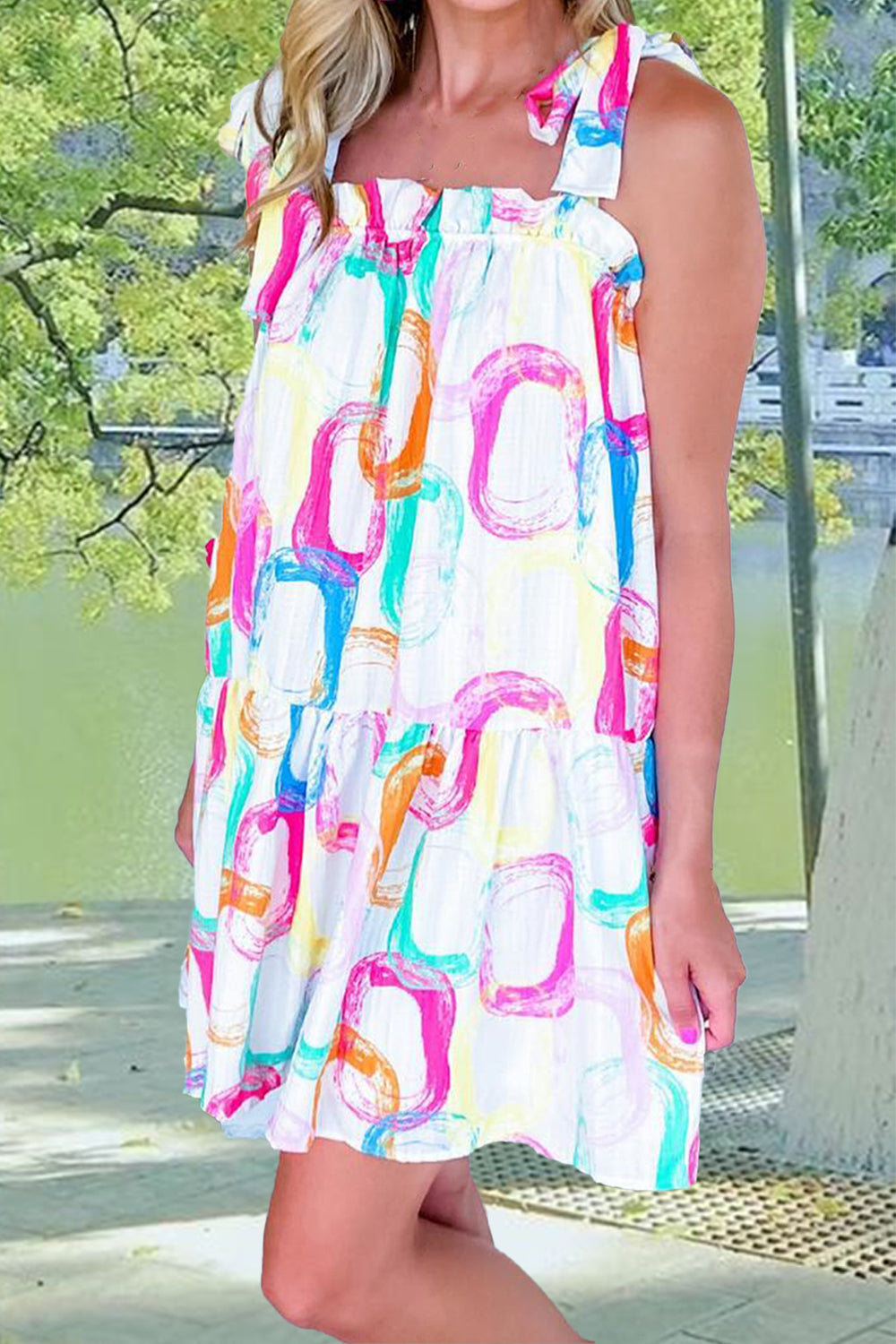 Tied Printed Sleeveless Mini Dress | Dress