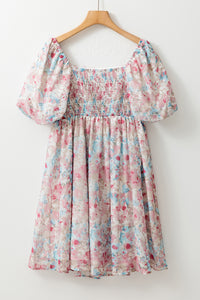 Pink Floral Puff Sleeve Square Neck Smock Ruffled Dress | Dresses/Floral Dresses