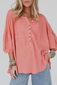 Pink Waffled Bracelet Sleeve Oversized Henley Top | Tops/Blouses & Shirts