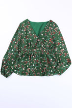 Load image into Gallery viewer, Green Floral Print Wrap V Neck Peplum Top | Tops/Blouses &amp; Shirts
