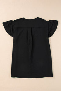 Ruffle Sleeve Top | Black V Neck Short Sleeve Blouse