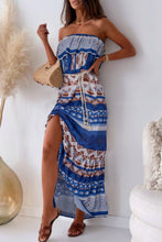 Load image into Gallery viewer, Maxi Dress | Blue Print Ruffle Strapless Tie Waist Dress
