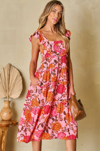 Load image into Gallery viewer, Pink Floral Square Neck Ruffled Flutter Sleeve Tiered Midi Dress | Dresses/Floral Dresses
