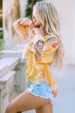 Load image into Gallery viewer, Multicolor Paisley Print Bell Sleeve Lace V-Neck Button Sheer Blouse | Tops/Blouses &amp; Shirts
