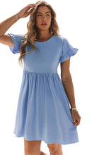 Load image into Gallery viewer, Sky Blue Round Neck Ruffle Sleeve Loose Dress | Dresses/Mini Dresses
