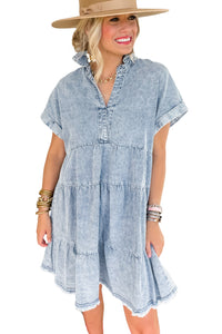 Beau Blue Acid Wash V Neck Tiered Denim Dress | Dresses/Mini Dresses