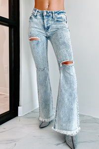 Sky Blue Distressed Acid Wash Flare Jeans | Bottoms/Jeans