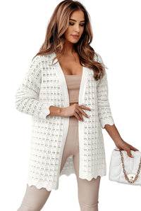 Womens Sweater | White Wavy Trim Open Knit Long Sleeve Cardigan | Tops/Sweaters & Cardigans