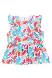 Tank Top | Sky Blue Brush Print Ruffle Trim Peplum