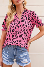 Load image into Gallery viewer, Pink Leopard Notch Neck Bubble Sleeve Blouse | Tops/Blouses &amp; Shirts
