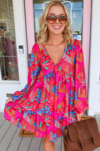 Rose Floral Print V Neck Bubble Sleeve Ruffled Mini Dress | Dresses/Floral Dresses