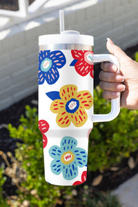 White Flower Pattern Stainless Vacuum Cup with Handle 40oz | Accessories/Tumblers