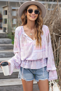 Purple Mixed Print Split Neck Ruffle Bubble Sleeve Blouse | Tops/Blouses & Shirts