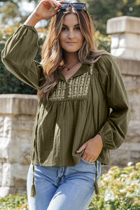 Pleated Loose Blouse | Green Embroidered Split Neck