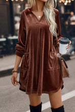 Load image into Gallery viewer, Velvet Mini Dress | Coffee V Neck Two Pockets Shift Dress
