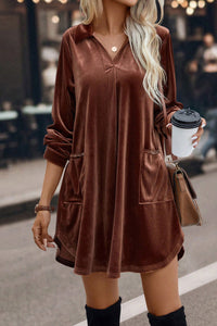 Velvet Mini Dress | Coffee V Neck Two Pockets Shift Dress