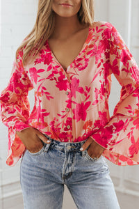 Womens Bodysuit | Pink Floral Print Tiered Bell Long Sleeve Buttoned Bodysuit | Tops/Bodysuits