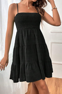 Black Smocked Textured Tiered Skater Dress | Dresses/Mini Dresses