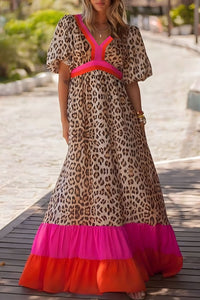 Maxi Dress | Bright Pink Leopard Color-Block Patchwork Bubble Sleeve