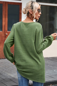 V Neck Blouse | Green Casual Pleated Textured Top