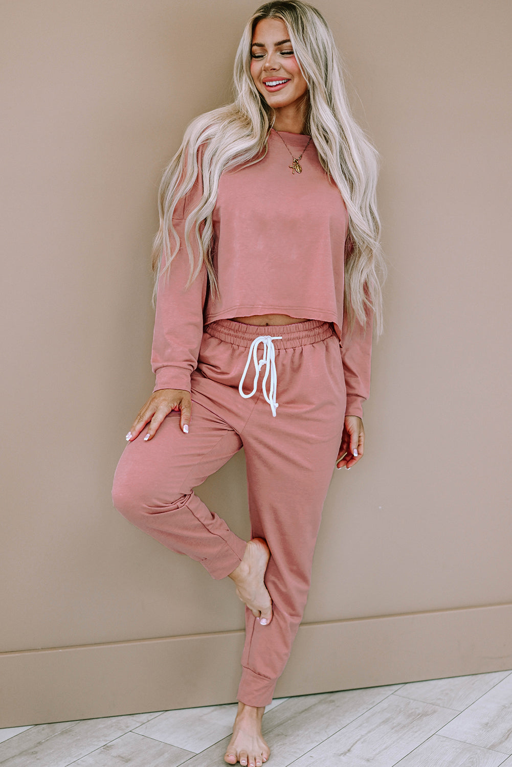 Activewear | Pink Solid Sport Boxy Fit Pullover & Pants Outfit