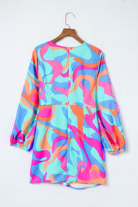 Puff Sleeve Dress | Multi-Color Abstract Print Wrap V Neck