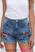 Load image into Gallery viewer, Plaid Patchwork Rolled Hem Denim Shorts | Bottoms/Denim Shorts
