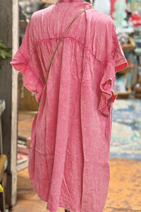 Pink Ruffled Short Sleeve Buttoned Denim Mini Dress | Dresses/Mini Dresses
