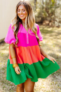 Multicolor Color Block Tiered Puff Sleeve Dress | Dresses/Mini Dresses