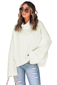 White Expose Seam Turtle Neck Side Slit Oversized Sweater | Tops/Sweaters & Cardigans