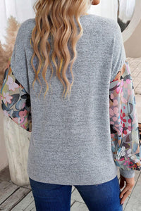 V Neck Top | Gray Floral Lantern Sleeve Patchwork Blouse