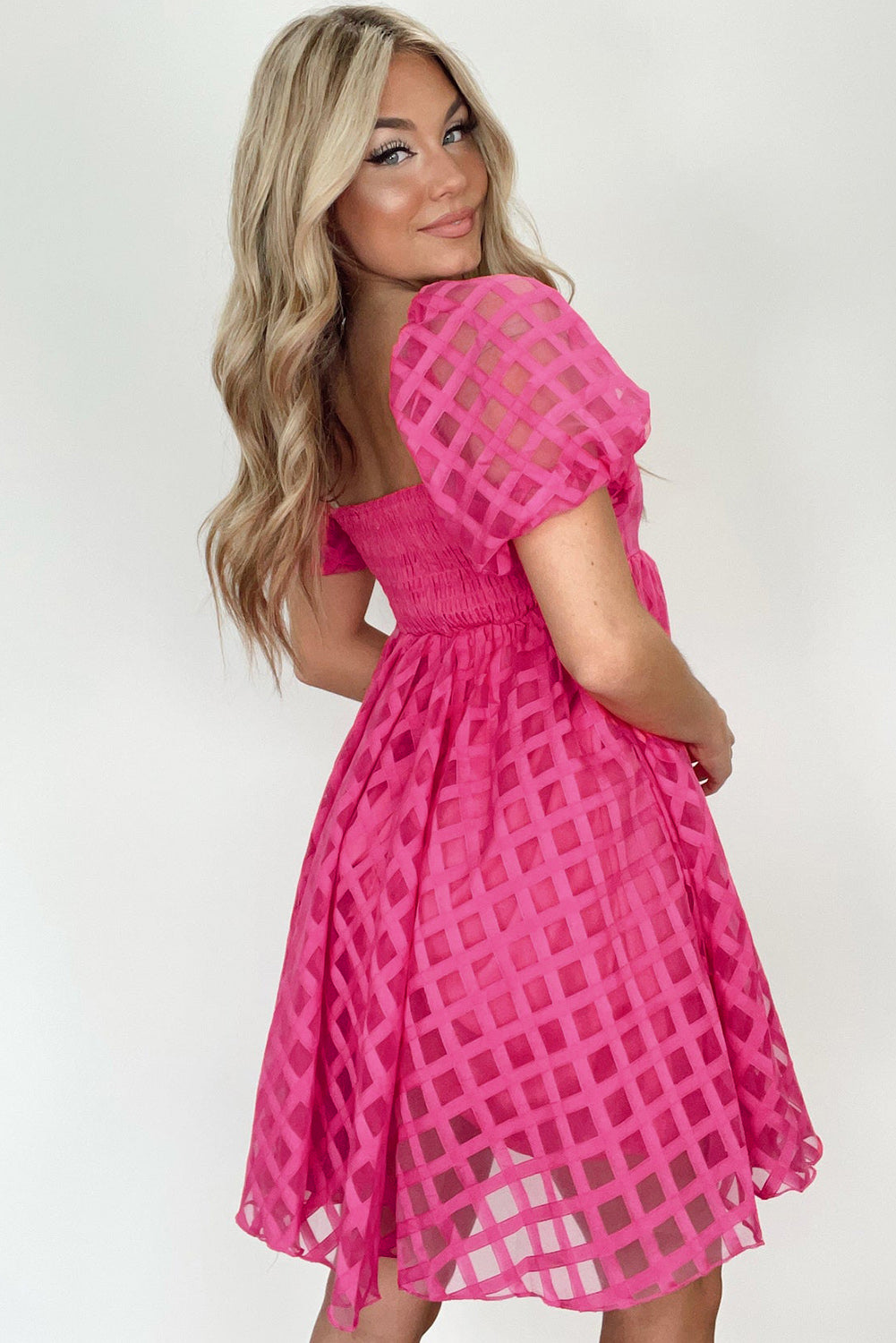 Strawberry Pink Checkered Puff Sleeve Babydoll Dress | Dresses/Mini Dresses