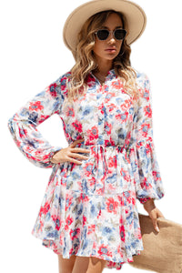 Sky Blue Vintage Floral Print Drawstring Flowy Dress | Dresses/Mini Dresses