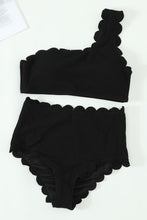 Load image into Gallery viewer, Black Solid Scalloped One-Shoulder Bikini | Swimwear/Bikinis
