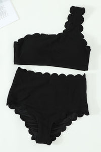 Black Solid Scalloped One-Shoulder Bikini | Swimwear/Bikinis