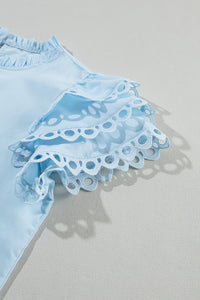 Ruffled Sleeve Top | Eyelet Round Neck Cap Sleeve Blouse