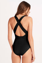 Load image into Gallery viewer, Black Deep V Neck Crossover Backless Ruched High Cut Monokini | Swimwear/One Piece Swimsuit
