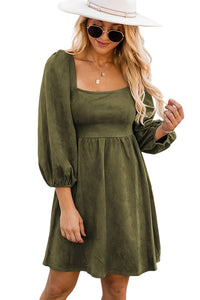 Jungle Green Suede Square Neck Puff Sleeve Dress