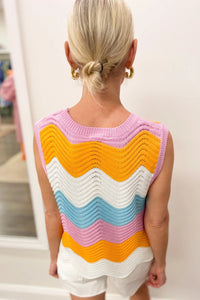 Knitted Vest | Multi-Color Striped Color-Block Scalloped Hem