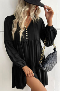 Mini Dress | Black Lace Puff Sleeve Buttoned Tiered