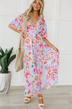 Load image into Gallery viewer, Multicolor Tropical Floral Print Ruched V Neck Maxi Dress | Dresses/Floral Dresses
