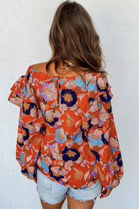 Puff Sleeve Blouse | Fiery Red Floral Print Ruffle