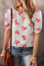 Load image into Gallery viewer, Bubble Sleeve Top | White Bowknot Print Blouse
