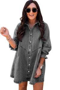 Denim Mini Dress | Gray Buttoned Long Sleeve