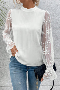 White Lace Sleeve Top | Contrast Lace Mock Neck Blouse