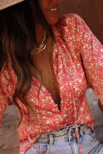 Load image into Gallery viewer, Pink Bubble Sleeve Floral Shirt with Lace up | Tops/Blouses &amp; Shirts
